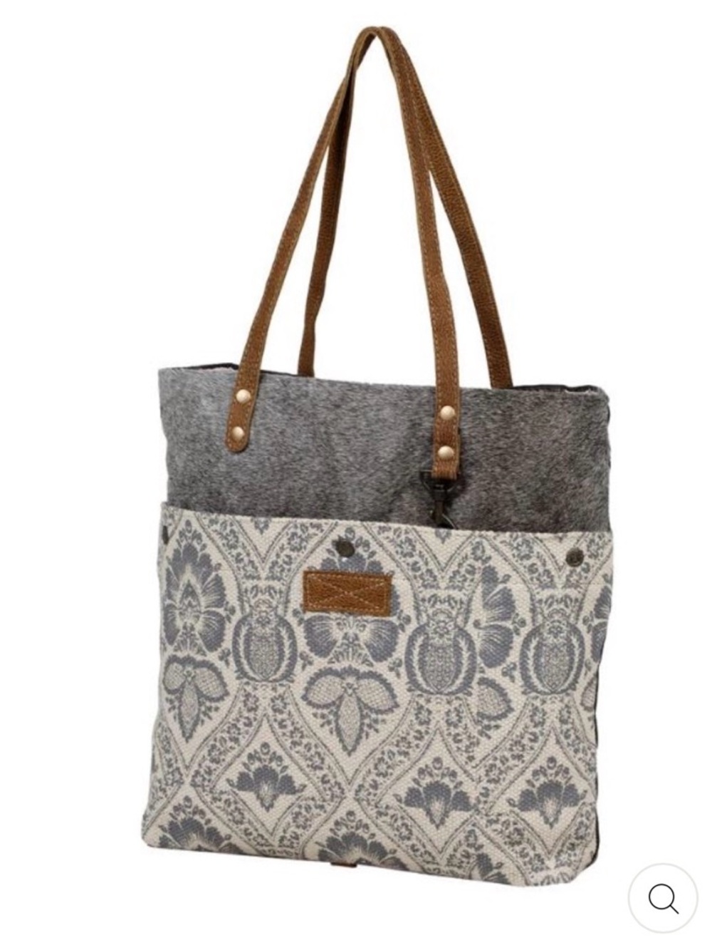 Myra Bag Gray Patterned Tote with Brown Straps